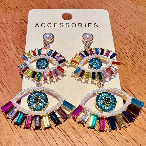 LAST 1! EVIL EYE! Rhinestone and Faux Pearls Large Colorful Dangle Earrings! - Picture 8 of 9